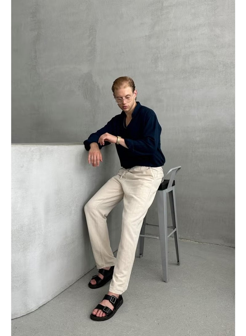 HYMAN Men's Elastic Waist Baggy Linen Trousers - Image 5